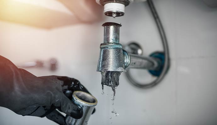 A close-up view of a disassembled P-trap under a sink
