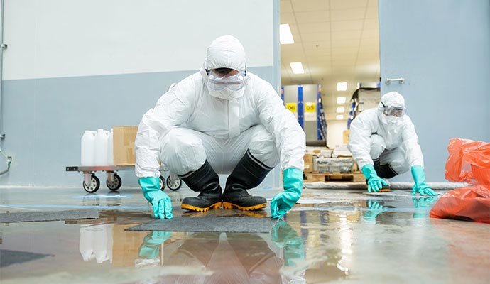 Biohazard remediation specialists cleaning up a spill in a commercial facility