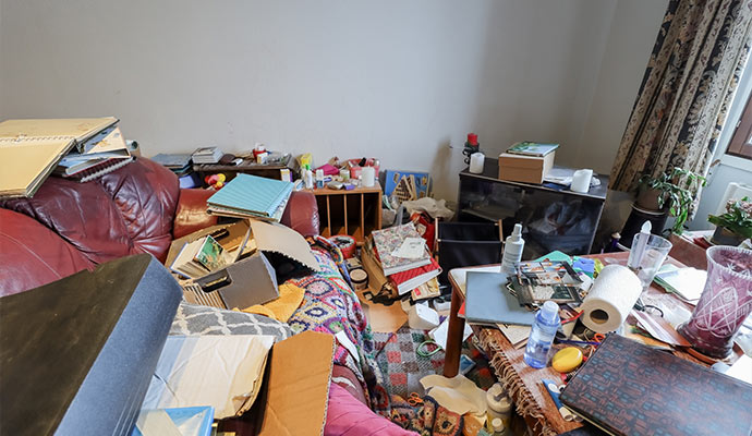 Messy room with piles of books and boxes