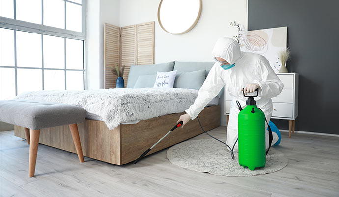 Worker in PPE spraying under bed