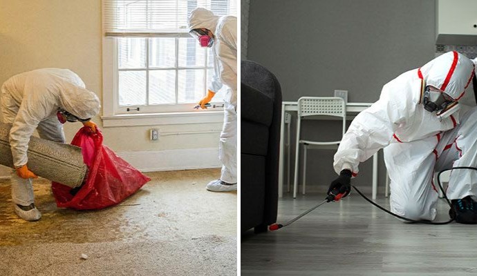 Collage of biohazard clean up and disinfecting service