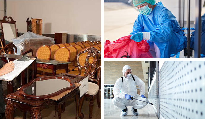 Collage of content inventory writing, biohazard cleanup and disinfecting service