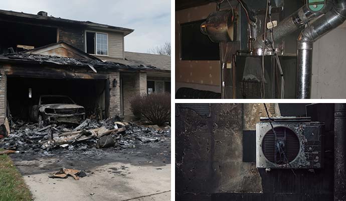 Collage of fire damaged garage, heating system and AC unit