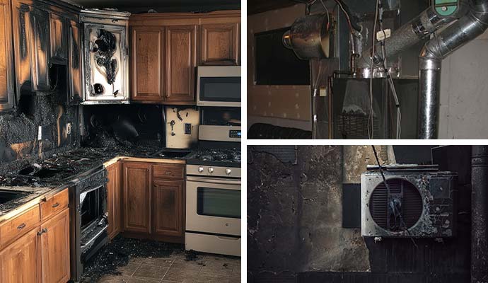 Collage of fire damaged kitchen, heating equipment and AC unit