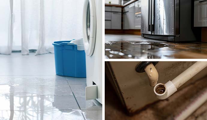 Collage of leaking water from washing machine, refrigerator and AC unit