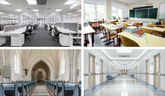 Collage of office, church, school, and hospital