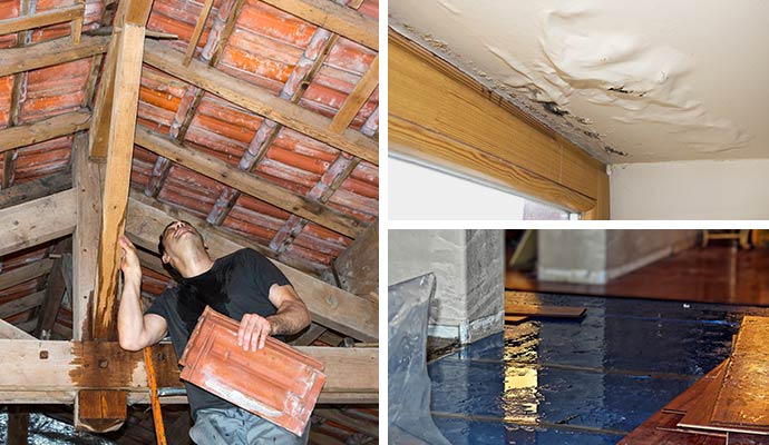 Collage of person inspecting leaking attic, peeling painted ceiling and water damaged wooden floor