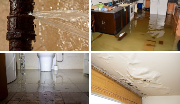 Collage of pipe break, sewage overflow, flood damage, and ceiling leak