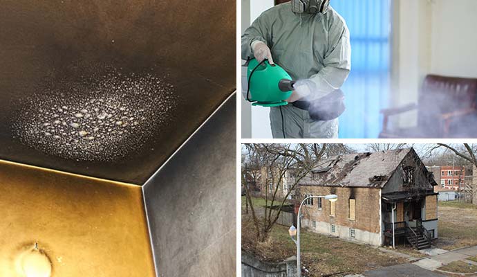 Collage of soot damaged ceiling, smoke odor removal service, fire damaged boarded up house
