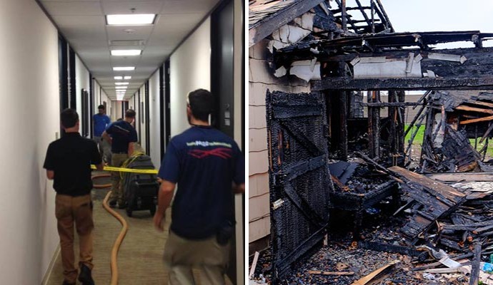Collage of water damage restoration and fire damage residential house