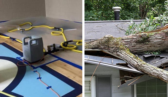 Collage of water damage restoration and storm damaged property