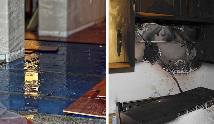 Collage of water damaged floor and fire damaged kitchen