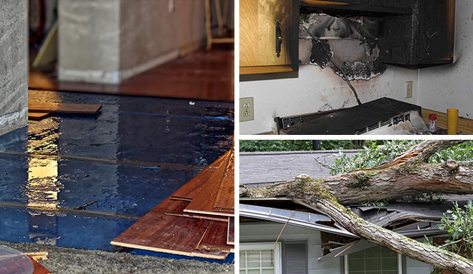 Collage of water damaged floor, fire damage, and storm damaged house