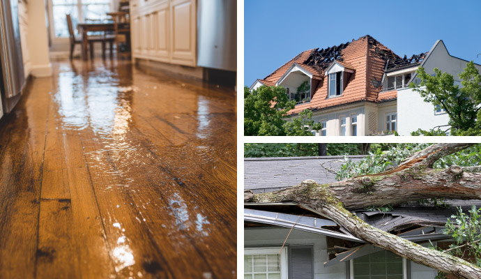 Collage of water damaged floor, fire damaged house, and storm damage