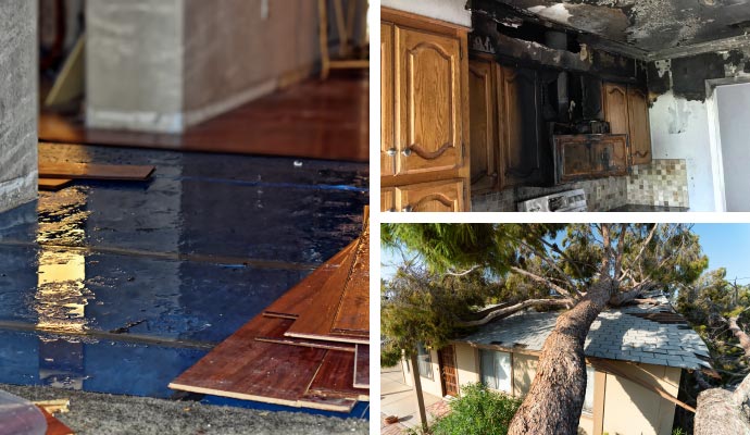 Collage of water damaged floor, fire damaged kitchen, and storm damage