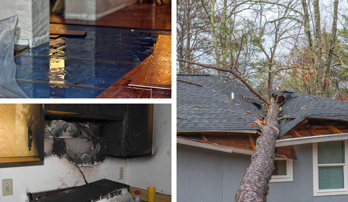 Collage of water damaged floor, fire damaged kitchen, and storm damaged house
