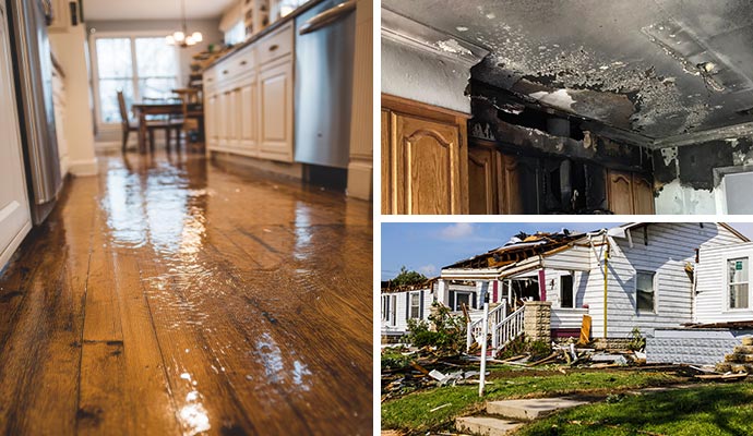 Collage of water damaged wooden floor, fire damage, and storm damaged house