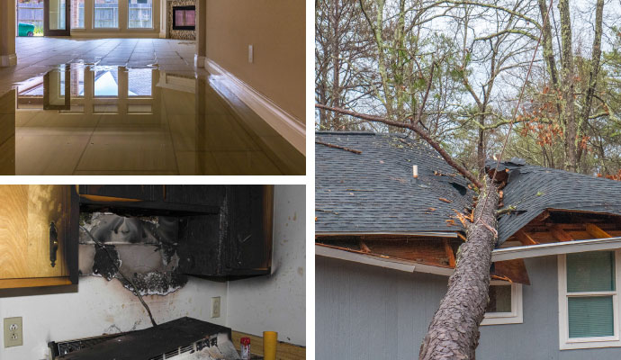 Collage of water, fire, and storm damage