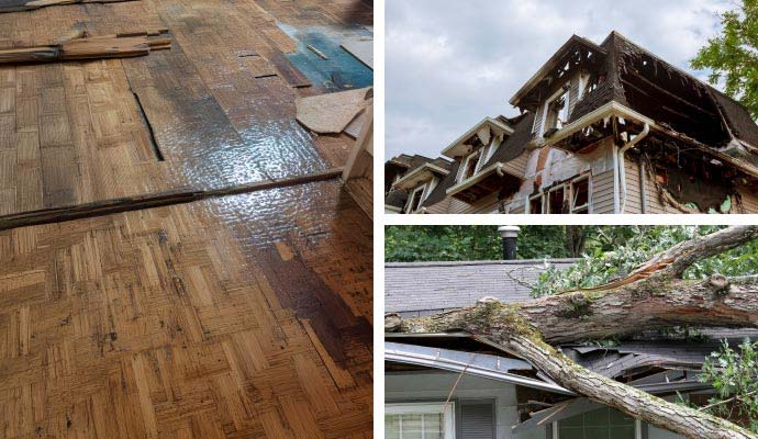 Collage of water, fire, and storm damaged house