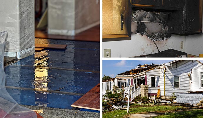Collage of water, fire and storm damaged property