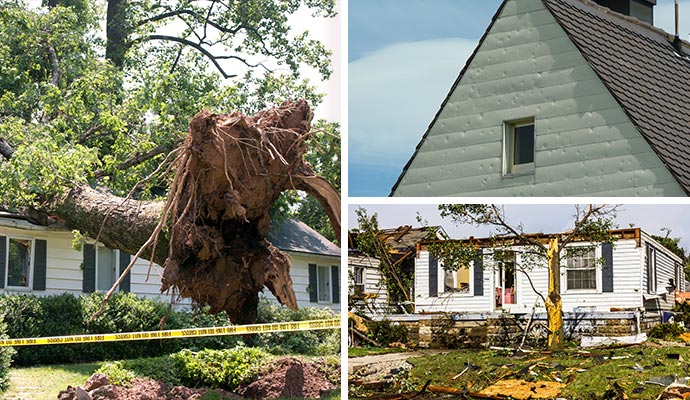 Collage of wind, hail, and tornado damaged house roof