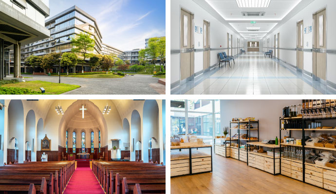 Commercial campus healthcare worship retail collage