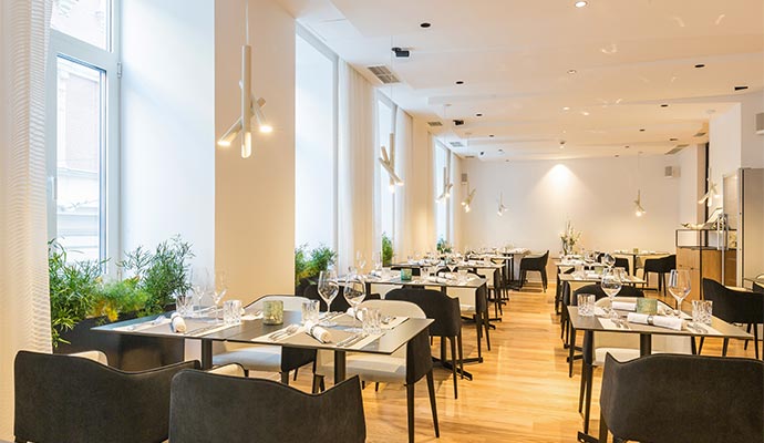 A clean, modern restaurant dining room