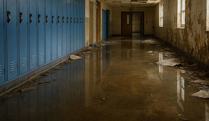 A flooded school hallway
