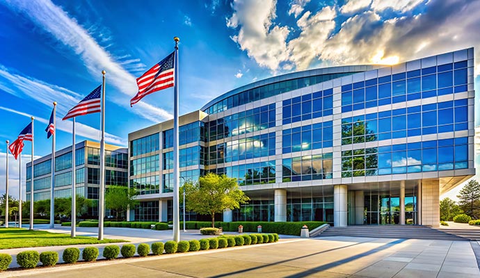 A large, modern glass-fronted government office building