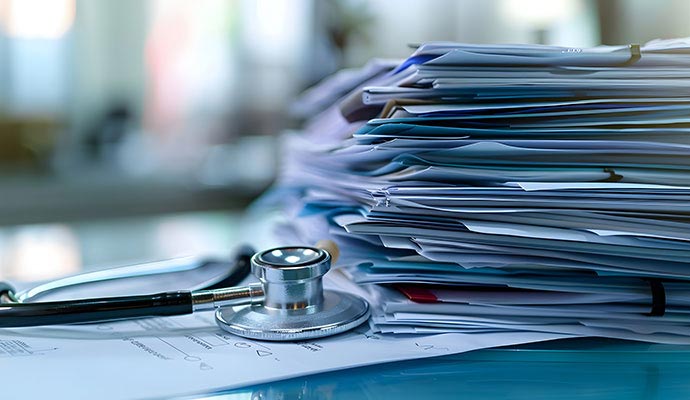 A medical stethoscope and stack of patient records on a glass desk