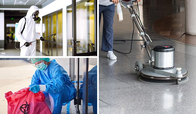 Collage of disinfecting service, biohazard-cleanup and floor cleaning service