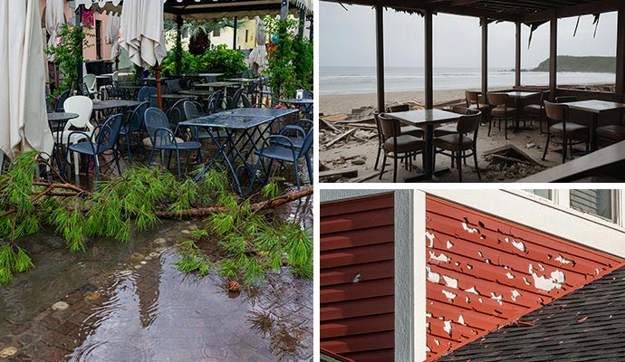 Collage of hurricane damaged, wind damaged restaurant and hail damaged siding