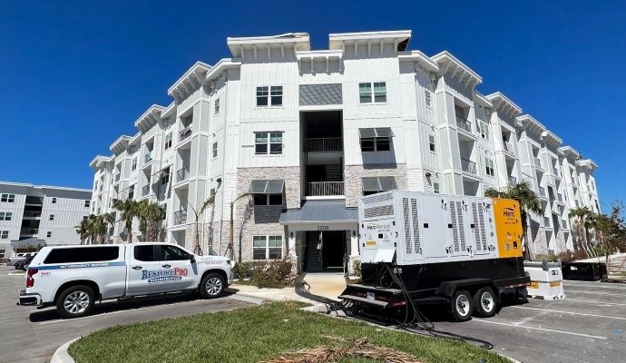 Exterior of a large, modern commercial building with a RestorePro truck and a large industrial generator