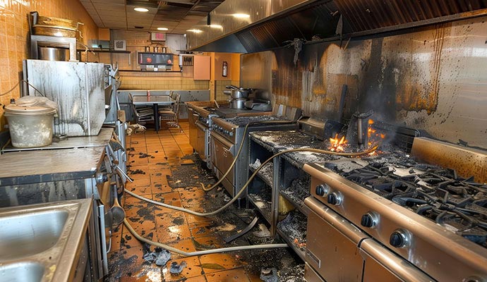 Fire and smoke damaged restaurant kitchen