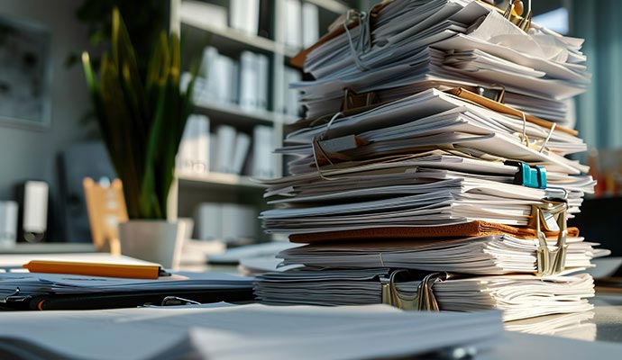 High volume paperwork document on a office desk