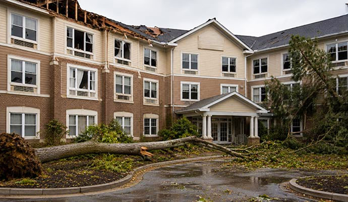 Storm damaged building with fallen tree
