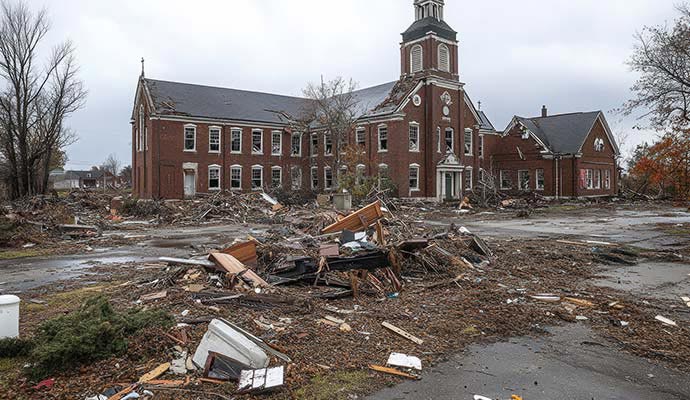 Storm damaged institutional building
