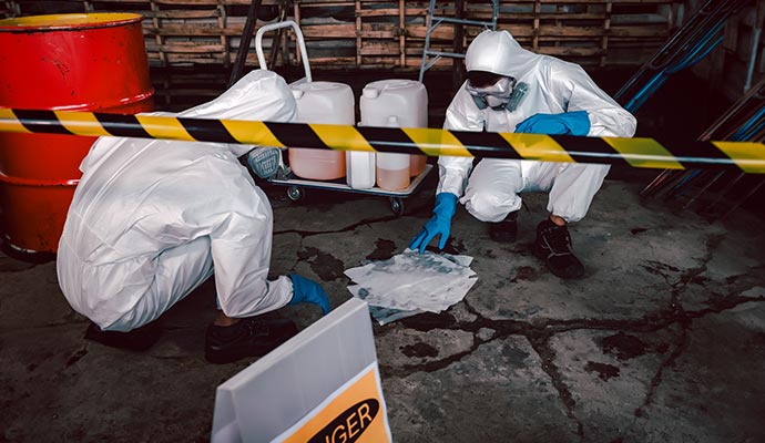 Biohazard remediation team in protective suits and respirators working behind caution tape at a crime scene