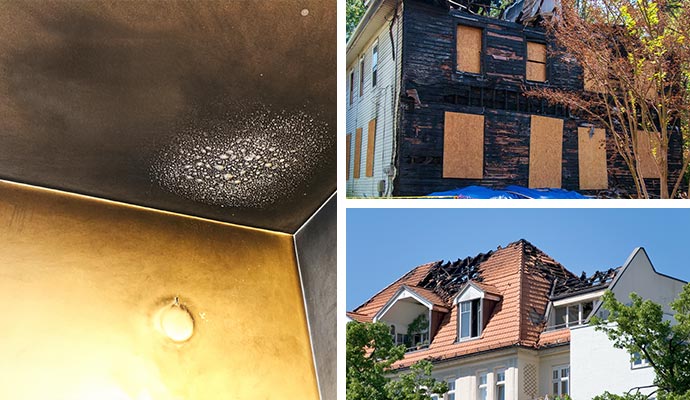 Collage of smoke stain on ceiling, fire damaged exterior and burnt roof