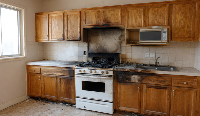 Fire damaged kitchen cabinets and accessories