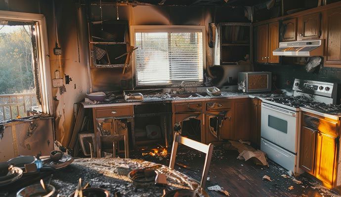 A kitchen severely damaged by fire