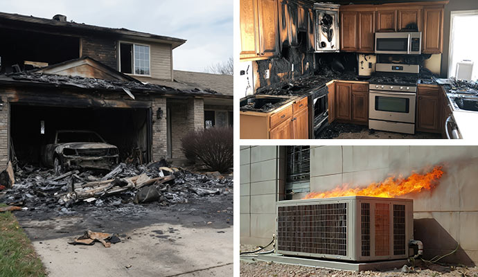 A collage of a house destroyed by fire, a soot-damaged kitchen and an AC unit on fire