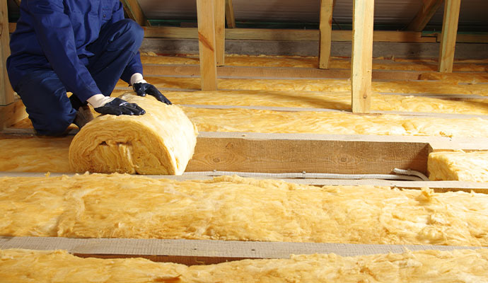 Worker installing yellow roll insulation in a residential attic