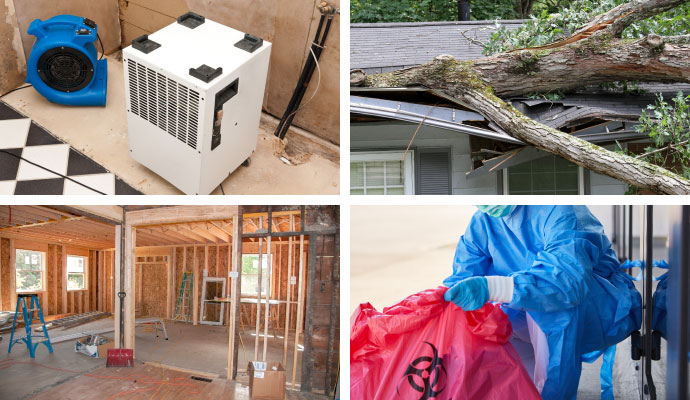 Collage of air mover, reconstruction service, storm damaged property, and biohazard cleanup service