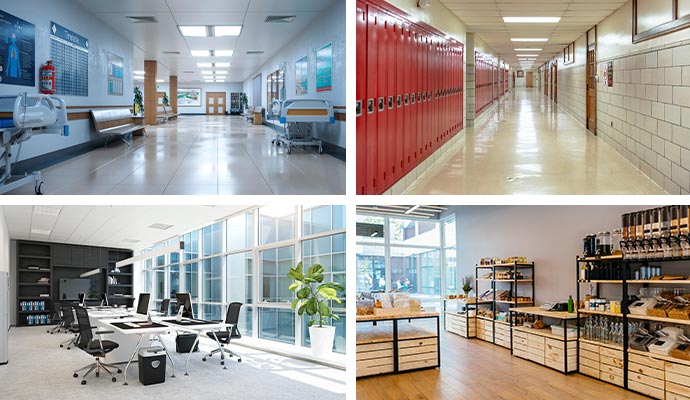 A collage of professional environments including healthcare, education, corporate office and retail spaces