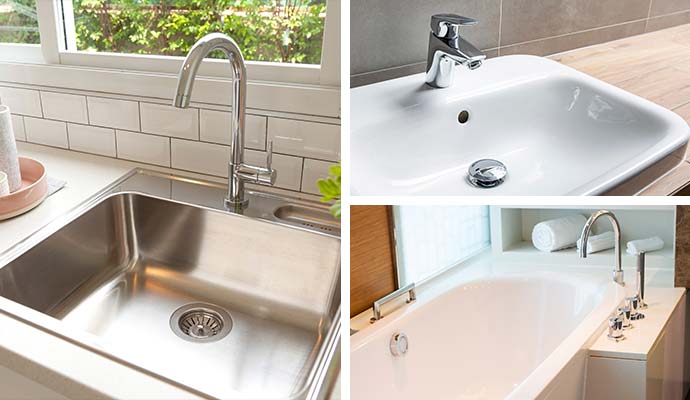 Collage of fixed plumbing fixtures including kitchen sink, bathroom vanity, and bathtub faucets