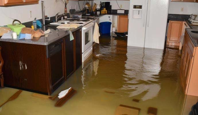 Flooded residential kitchen with standing water covering the floor and cabinets