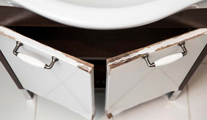 Water-damaged and swollen bathroom vanity cabinet doors beneath a sink