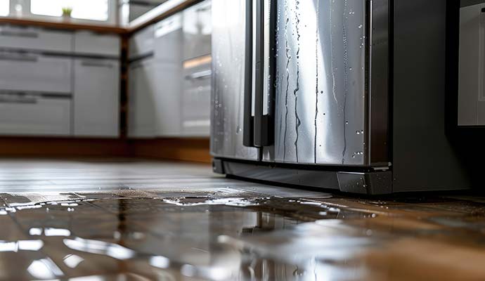 Water leaking from a refrigerator onto the kitchen floor