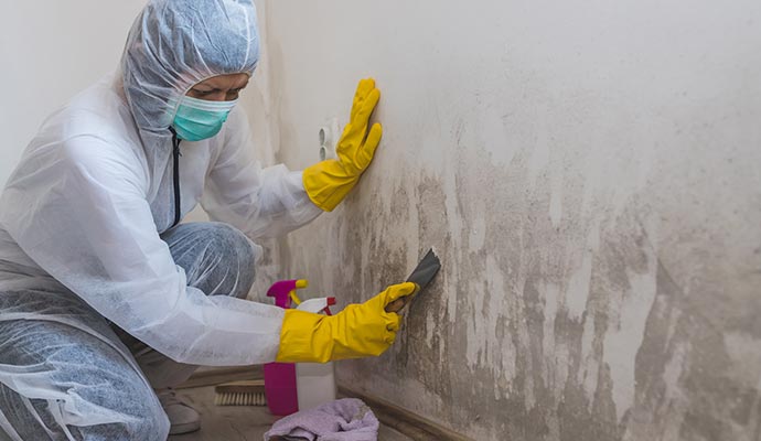 A worker professionally removing mold from a wall